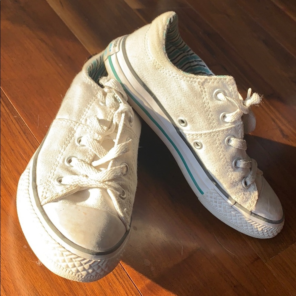 Off-White and teal converse